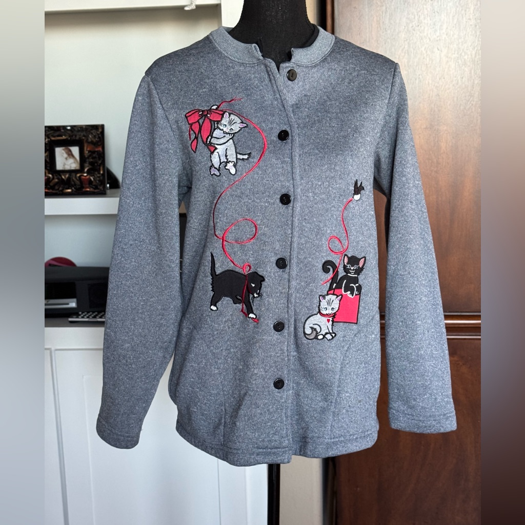 Vintage Blair Gray Cardigan Cat Embroidery